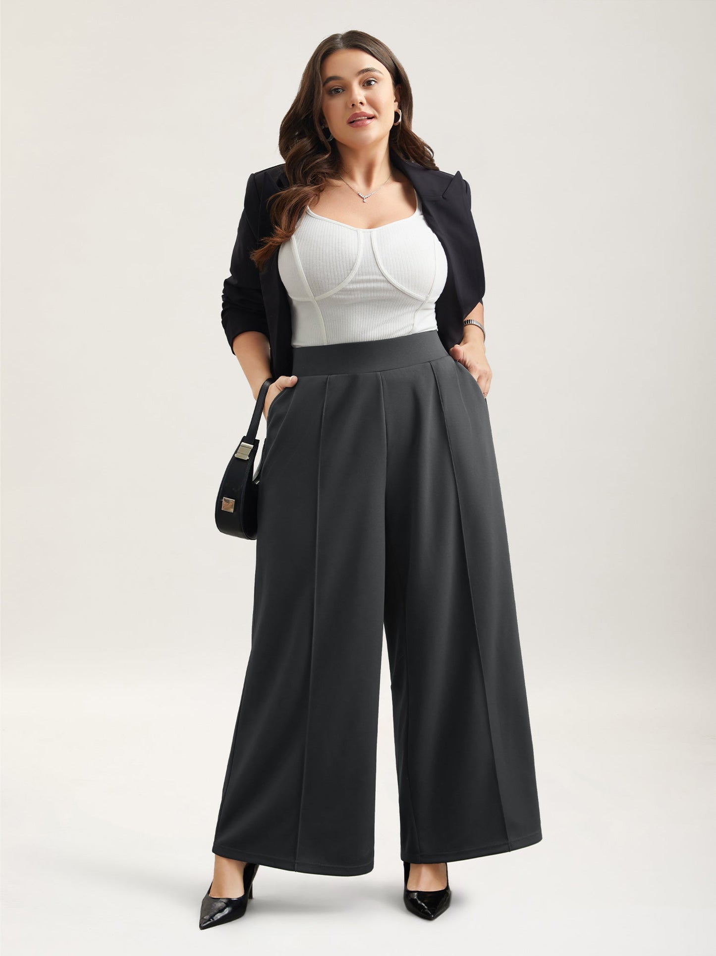 Ruched Tummy-Control Seamed Wide Leg Pants