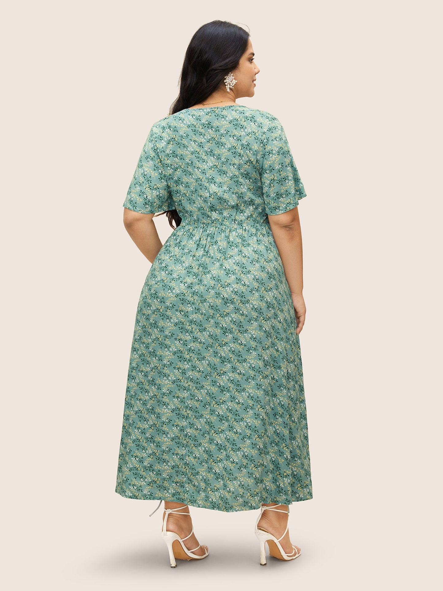 Rayon Ditsy Floral V Neck Shirred Dress