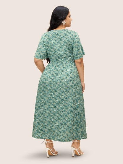 Rayon Ditsy Floral V Neck Shirred Dress