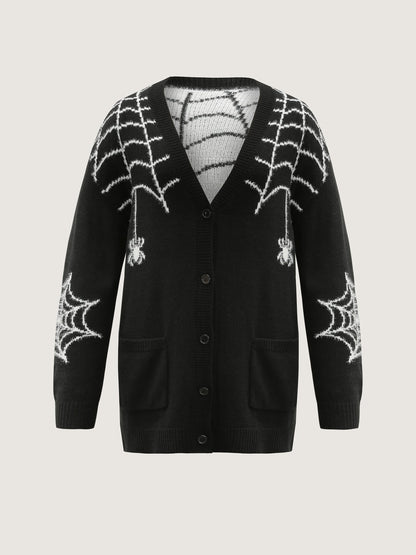 Spiderweb Jacquard Pockets Button Knit Cardigan