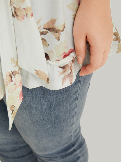Floral Print Belted Frill Trim T-shirt