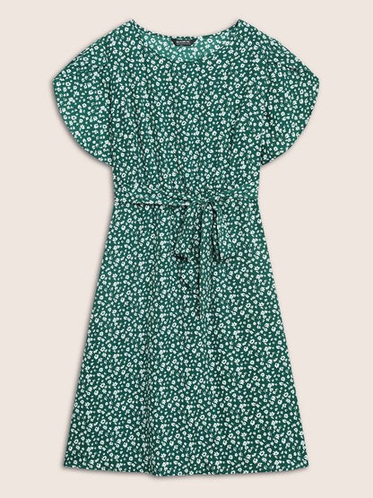 Tulip Sleeved Round Neck Midi Dress