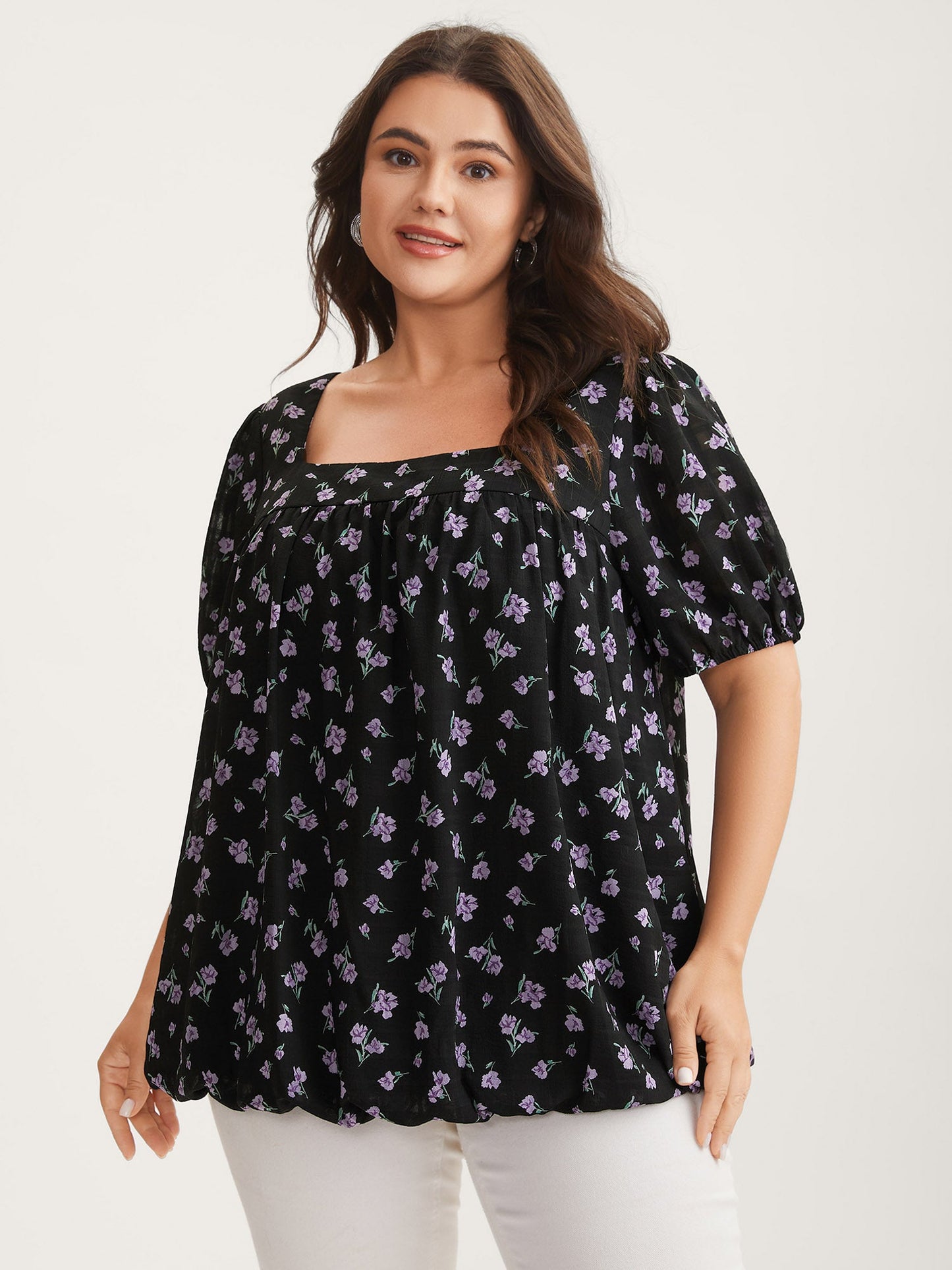 Floral Fiesta Pleated Square Neck Blouse