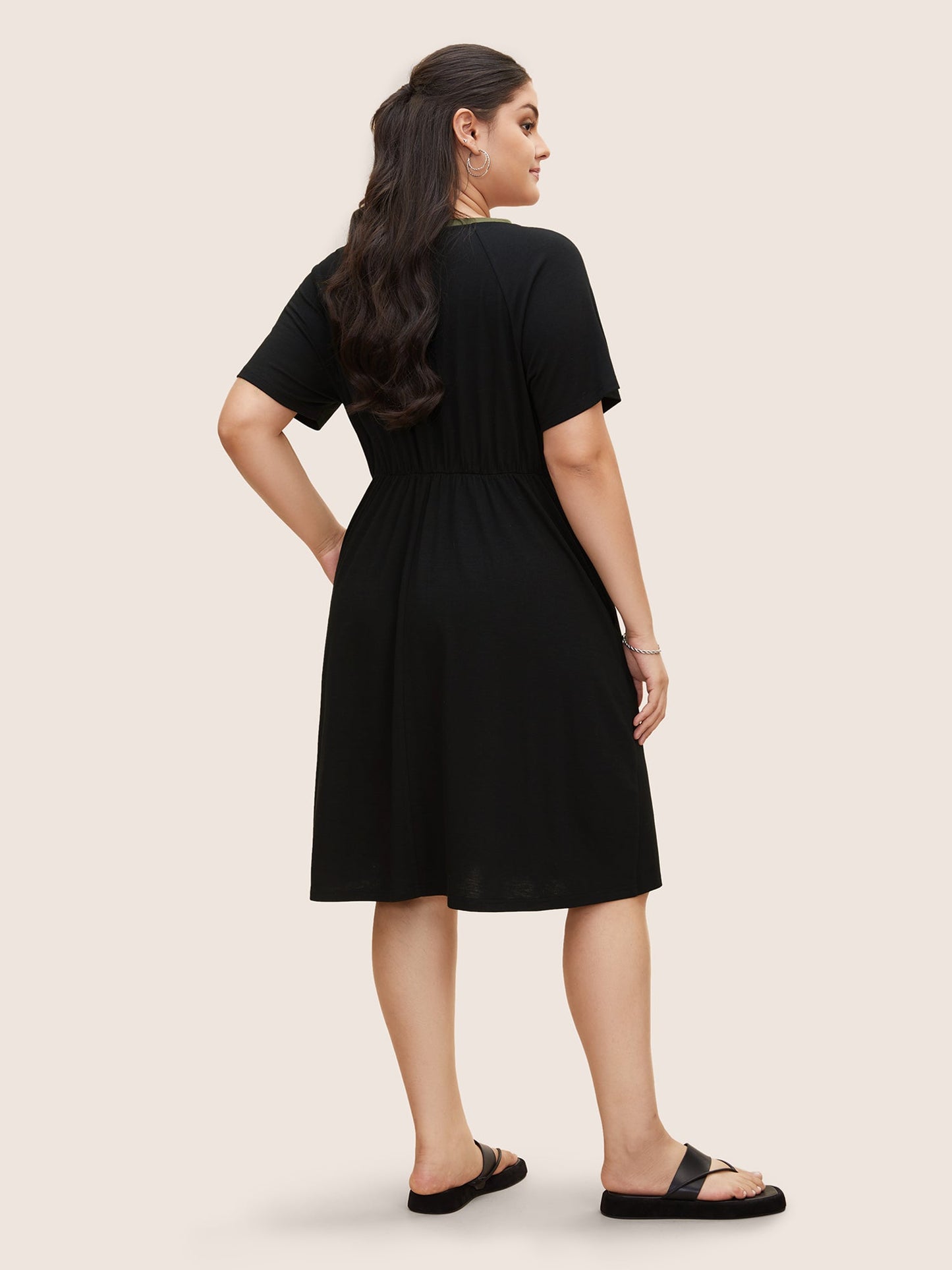 Round Neck Colorblock Contrast Raglan Sleeve Dress