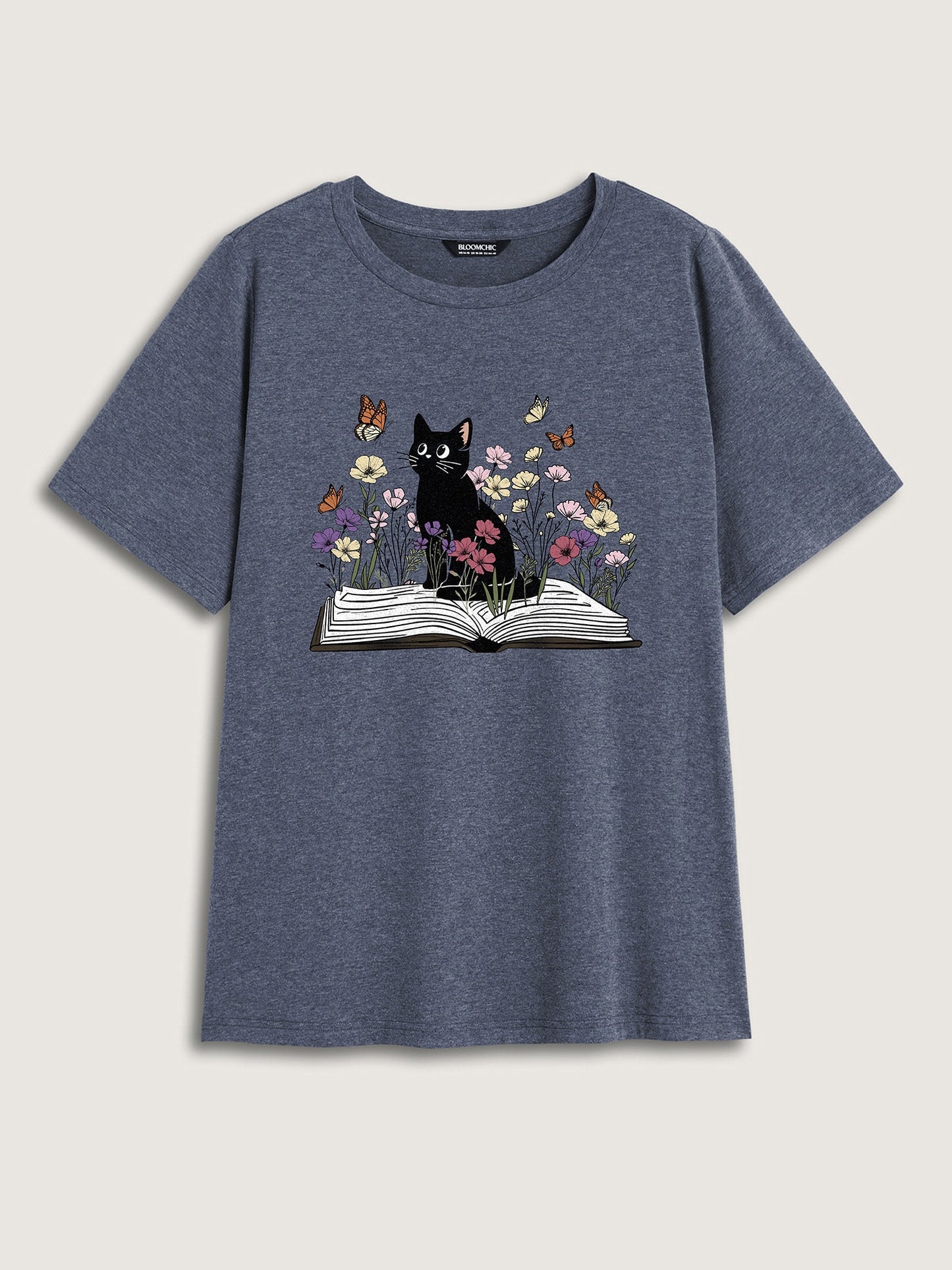 Bookish Cat Printed Round Neck T-Shirt