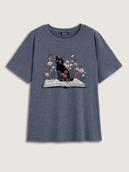 Bookish Cat Printed Round Neck T-Shirt