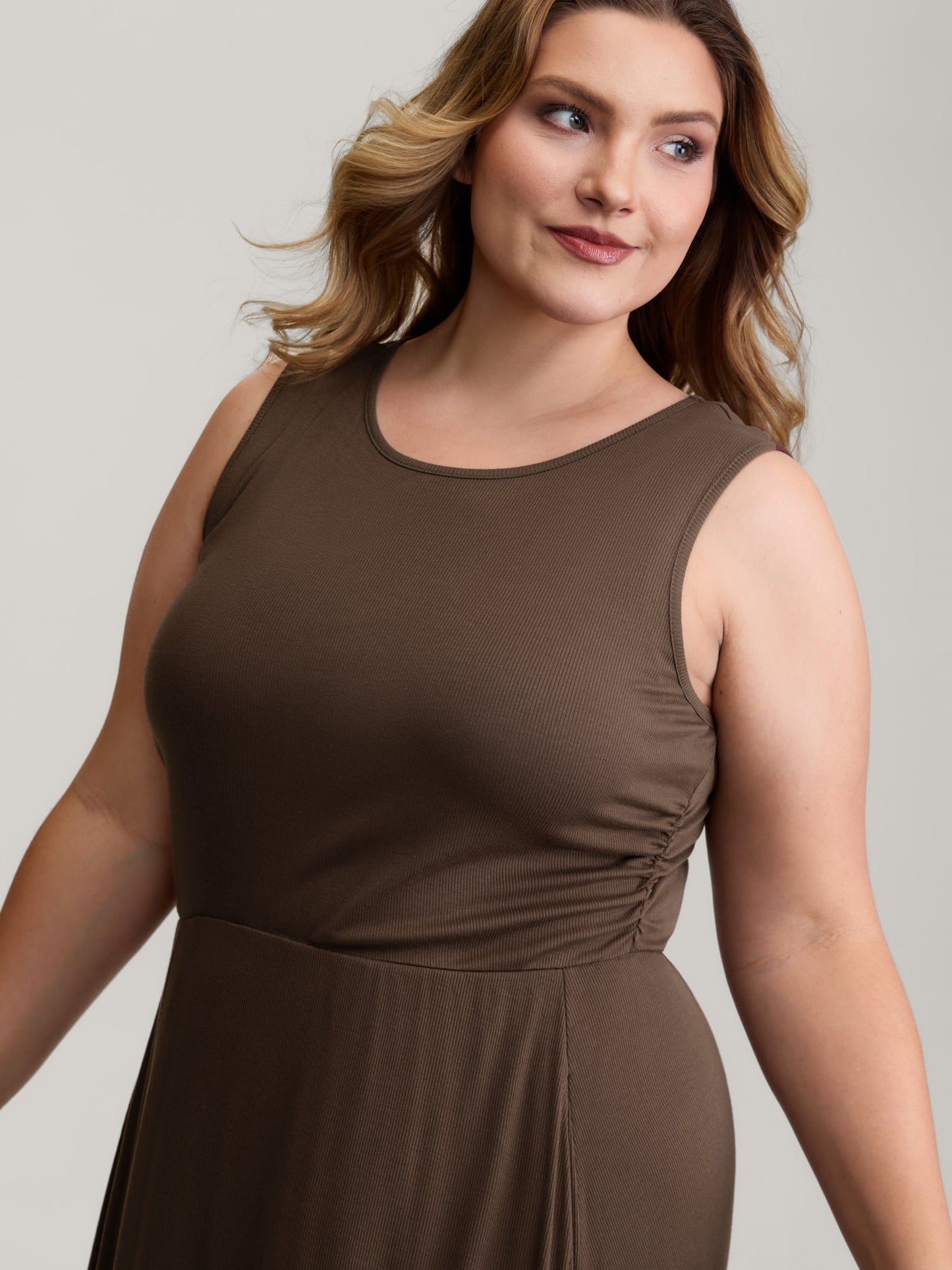 Supersoft Ribbed Knit Cinched-Waist A-Line Maxi Dress