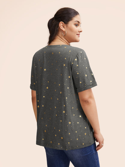Star Glitter Cuffed Sleeve Crew Neck T-shirt