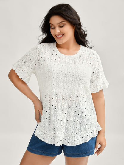 Floral Eyelet Trim Ruffled Hem Top
