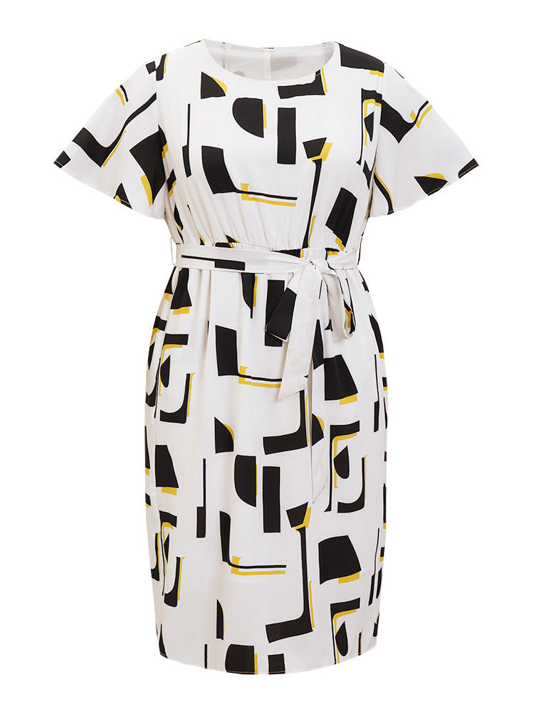 Geometric Print Pocket Belt Flutter Sleeve Dress