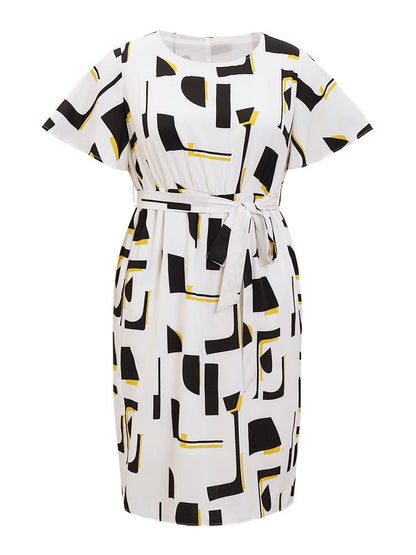 Geometric Print Pocket Belt Flutter Sleeve Dress