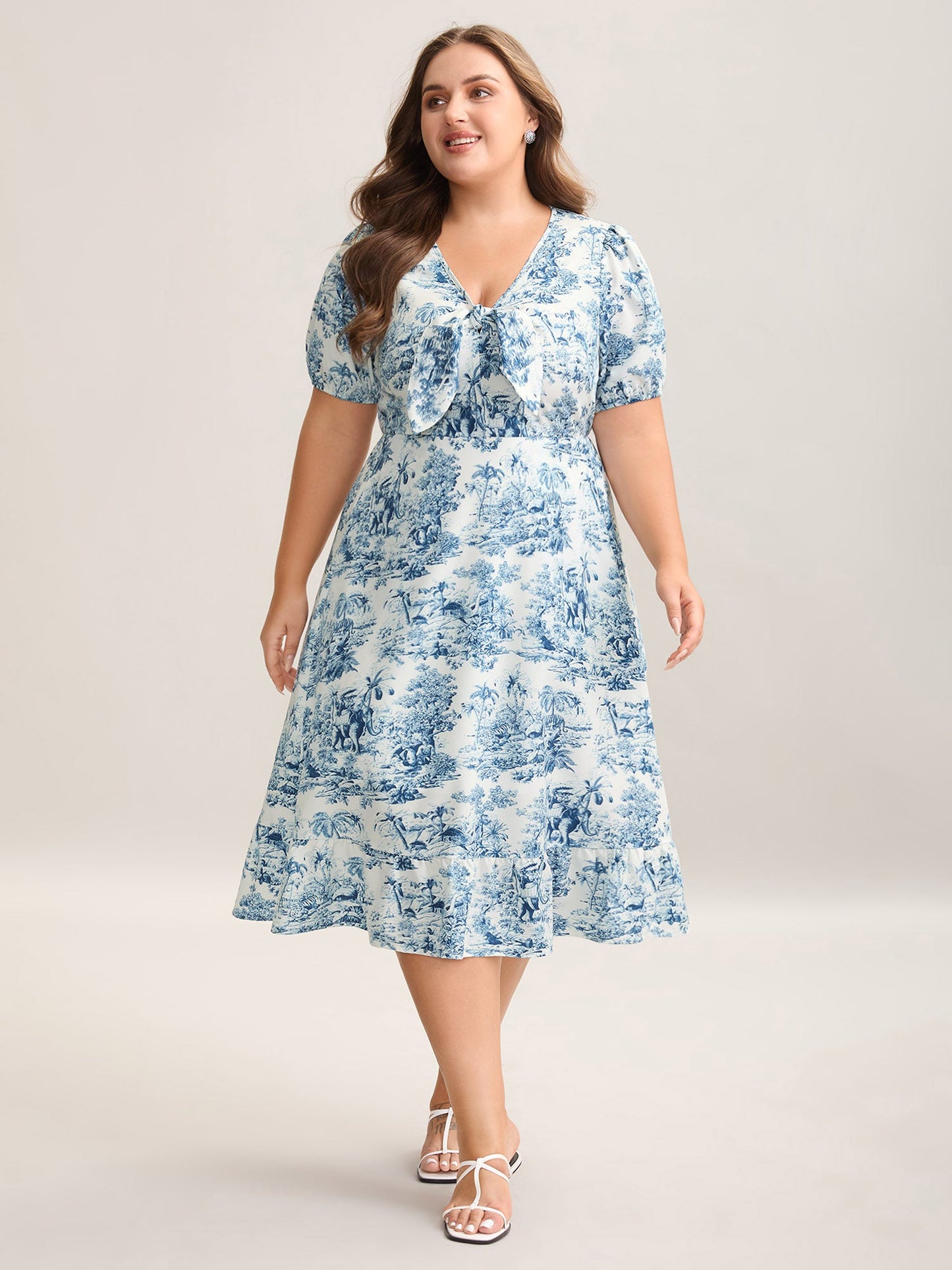 Forest Print Knotted Front Pockets Midi Dress