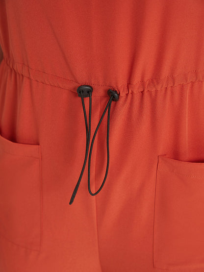 Plain Button Up Pocket Roll Hem Drawstring Jumpsuit