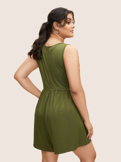 Plain Round Neck Cinching Waist Romper