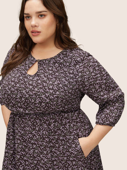 Ditsy Floral Keyhole Split Side Elastic Waist Dress