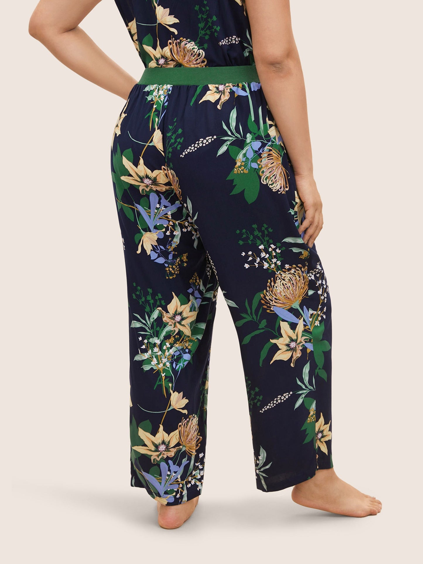 Natural Flowers Contrast Pocket Rib Knit Sleep Bottoms