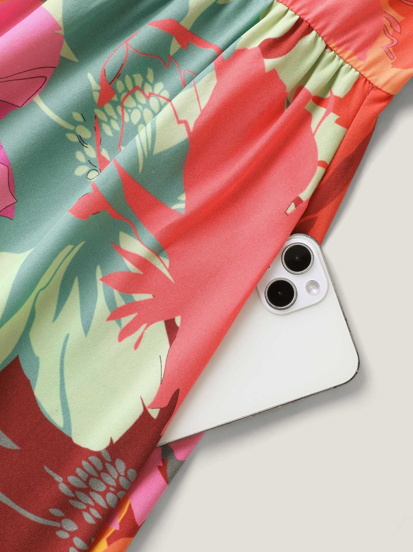 Colorful Large Flower Print Pockets Midi Dress