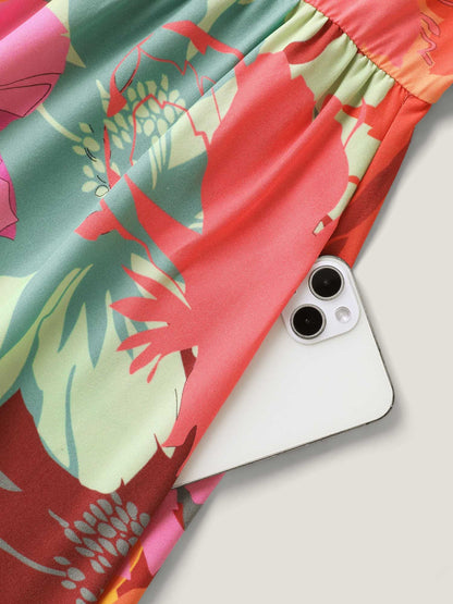 Colorful Large Flower Print Pockets Midi Dress