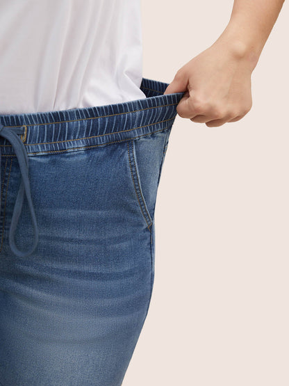 Light Wash Elastic Waist Drawstring Denim Shorts