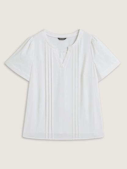 Toothpick Pleats Notched Collar Solid Blouse
